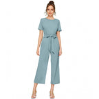 Women's Knitting stretchable Solid Round Neck Cap Sleeve Jumpsuit (Pista )