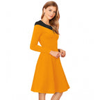Women's Knitting stretchable Solid Round Neck Full Sleeve Dress (Yellow)