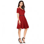 Women's Polyester Solid V Neck Cap Sleeve Dress (Maroon)