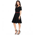 Women's Polyester Solid V Neck Cap Sleeve Dress (Black)