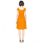 Women's Polyester Solid V Neck Cap Sleeve off Shoulder Dress (Yellow)