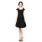 Women's Polyester Solid V Neck Cap Sleeve off Shoulder Dress (Black)