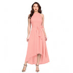 Women's Polyster Solid Halter Neck Sleeveless Dress (Peach)