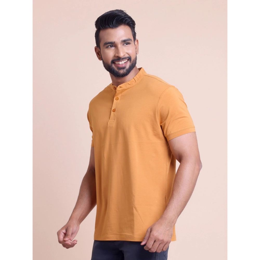 Men's Casual Cotton Solid Half Sleeve Mandarin Collar T-Shirt (Brown)