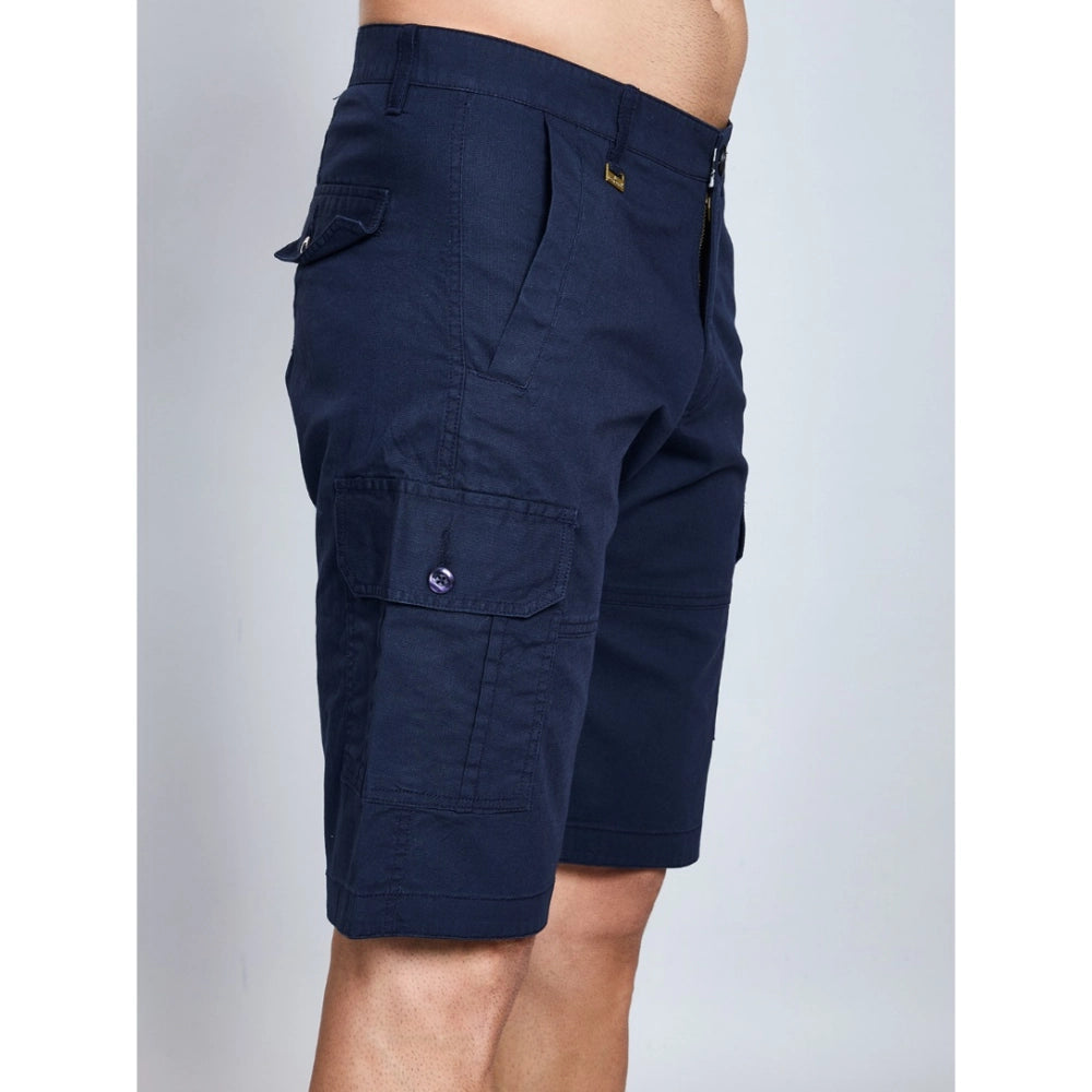 Men's Casual Cotton Solid Knee Length Cargo Shorts (Navy)