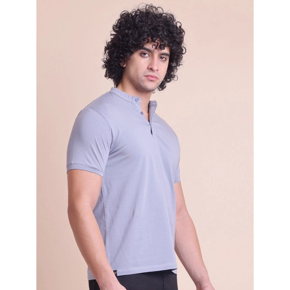Men's Casual Cotton Solid Half Sleeve Mandarin Collar T-Shirt (Teegrey)