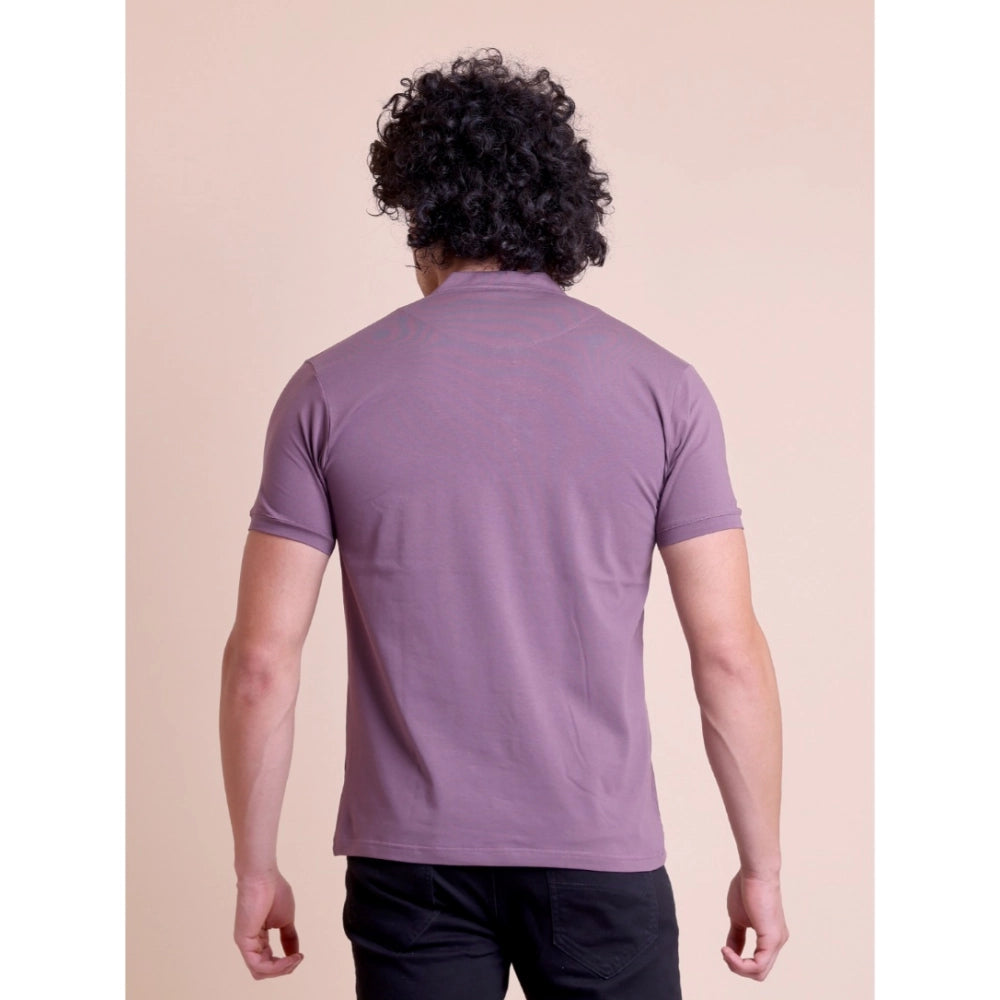 Men's Casual Cotton Solid Half Sleeve Mandarin Collar T-Shirt (Berry)