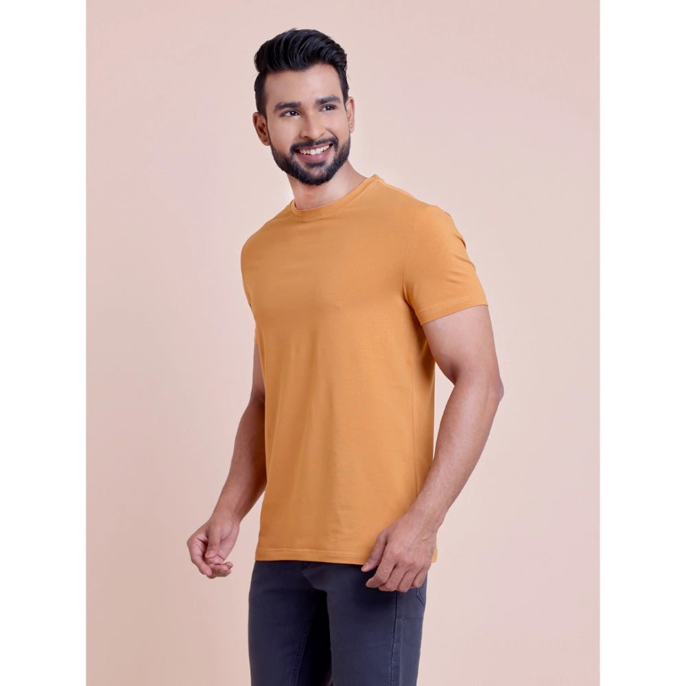 Men's Casual Cotton Solid Half Sleeve Round Neck T-Shirt (Brown)
