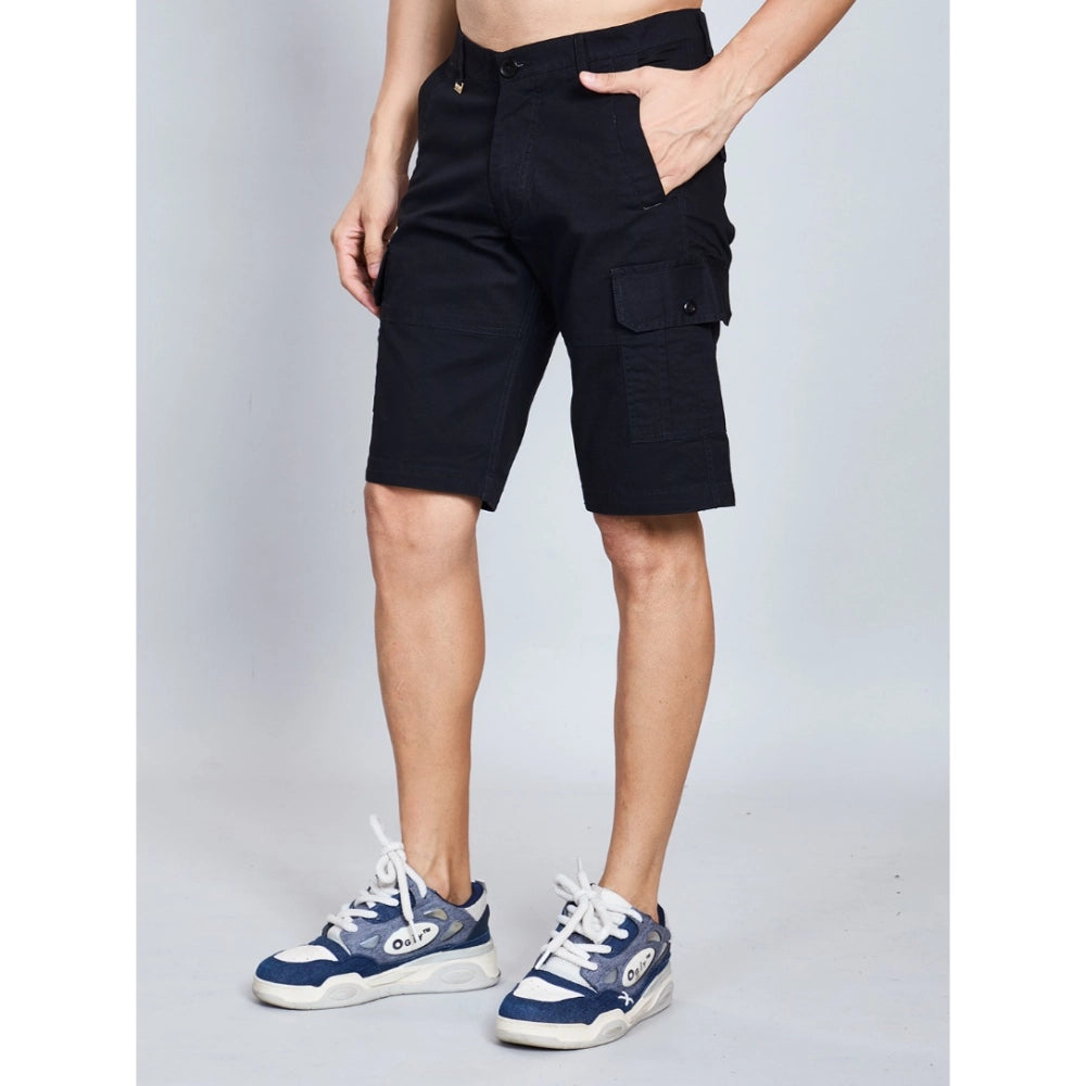 Men's Casual Cotton Solid Knee Length Cargo Shorts (Black)
