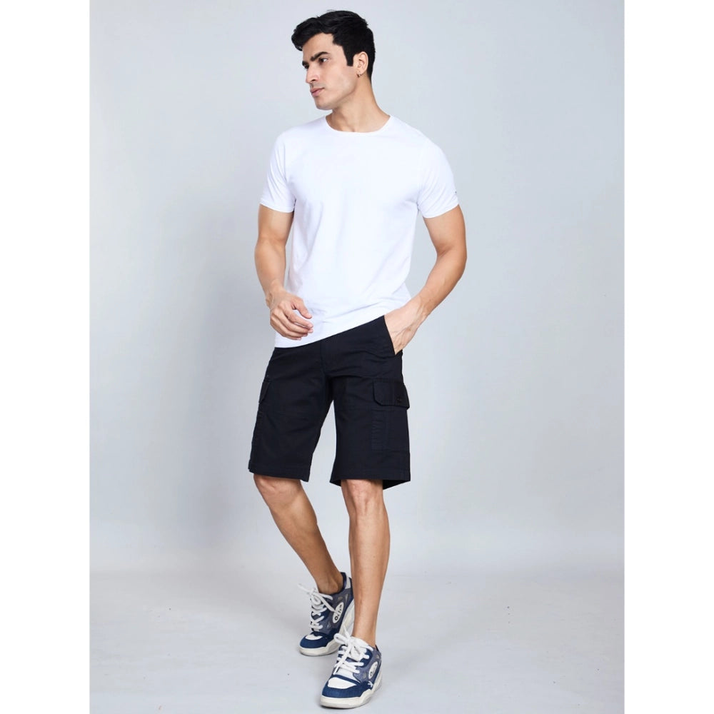 Men's Casual Cotton Solid Knee Length Cargo Shorts (Black)