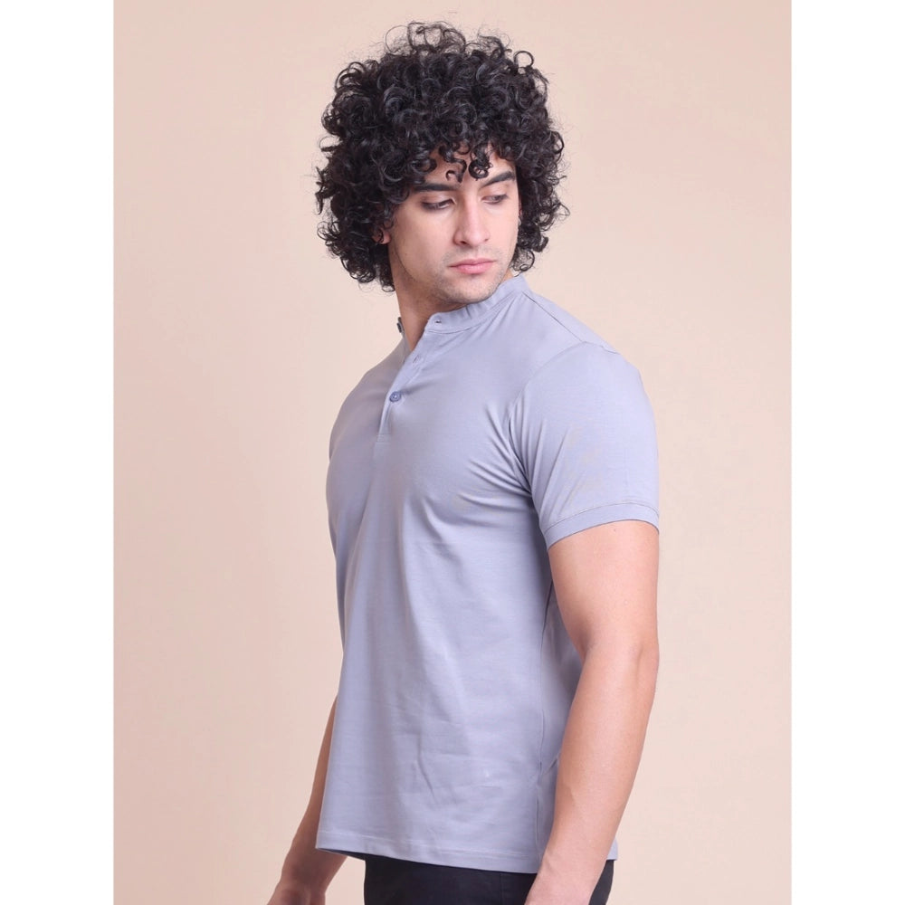 Men's Casual Cotton Solid Half Sleeve Mandarin Collar T-Shirt (Teegrey)