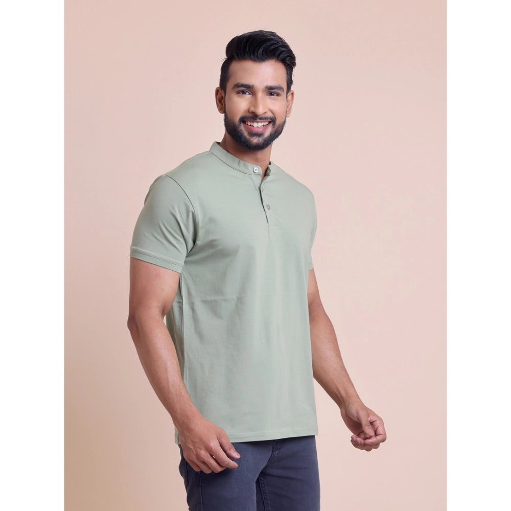 Men's Casual Cotton Solid Half Sleeve Mandarin Collar T-Shirt (Newsage)