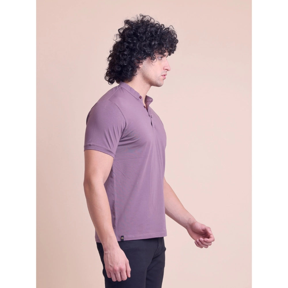 Men's Casual Cotton Solid Half Sleeve Mandarin Collar T-Shirt (Berry)