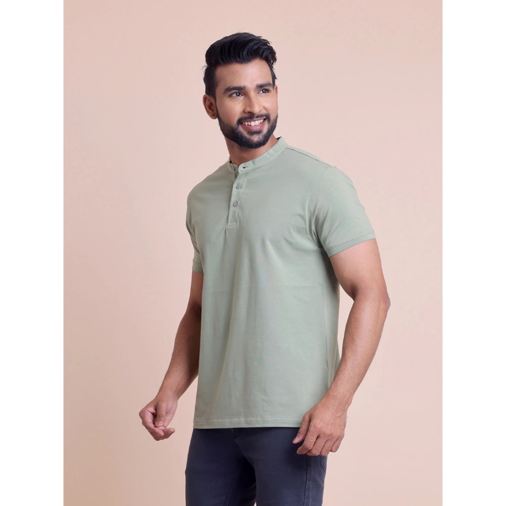 Men's Casual Cotton Solid Half Sleeve Mandarin Collar T-Shirt (Newsage)