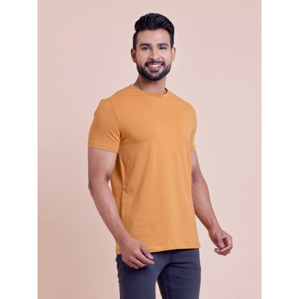 Men's Casual Cotton Solid Half Sleeve Round Neck T-Shirt (Brown)