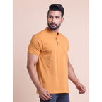 Men's Casual Cotton Solid Half Sleeve Mandarin Collar T-Shirt (Brown)