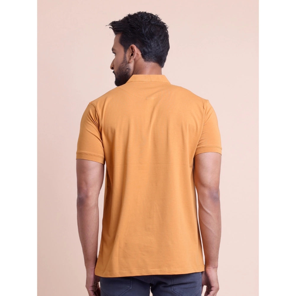 Men's Casual Cotton Solid Half Sleeve Mandarin Collar T-Shirt (Brown)