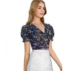 Women's Knitting Printed V-Neck Puff Sleeve Tops (Navy Blue)