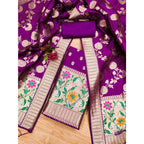Women's Banarasi Silk Printed Unstitched Salwar Suit Material With Dupatta (Purple, 3Mtrs)