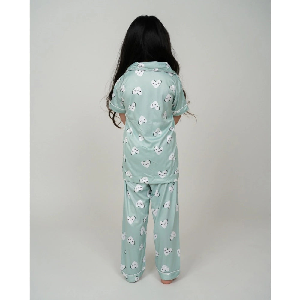 Girl's Silk Bleand Printed Short Sleeve Night Suit Set (Light Green)