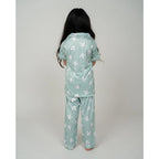 Girl's Silk Bleand Printed Short Sleeve Night Suit Set (Light Green)