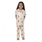 Girl's Silk Bleand Printed Short Sleeve Night Suit Set (White)
