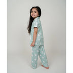 Girl's Silk Bleand Printed Short Sleeve Night Suit Set (Light Green)