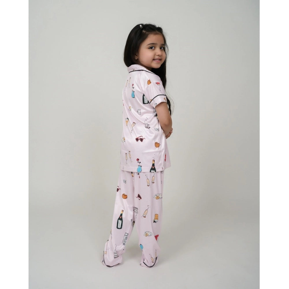 Girl's Silk Bleand Printed Short Sleeve Night Suit Set (Light Pink)