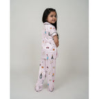 Girl's Silk Bleand Printed Short Sleeve Night Suit Set (Creem)