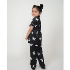 Girl's Silk Bleand Printed Short Sleeve Night Suit Set (Black)