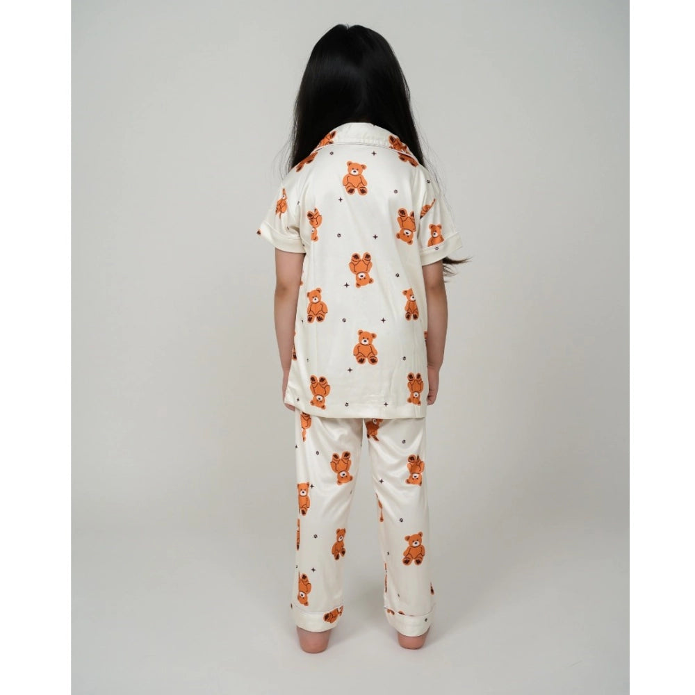 Girl's Silk Bleand Printed Short Sleeve Night Suit Set (White)
