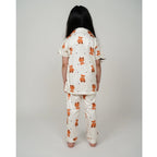 Girl's Silk Bleand Printed Short Sleeve Night Suit Set (White)