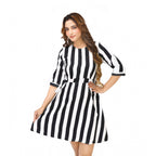 Women's Crep Striped Short Sleeve Dress (Black-White )