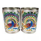 Steel Meenakari Peacock Design Decorative Glass Set (Silver)