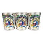 Steel Meenakari Peacock Design Decorative Glass Set (Silver)