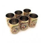 Steel Meenakari Peacock Design Decorative Glass Set (Gold)
