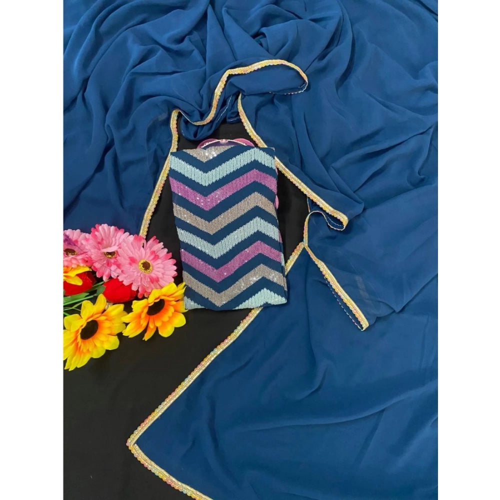 Women's Fox Georgette Solid Saree With Unstitched Blouse 5.5Mtr (Blue)