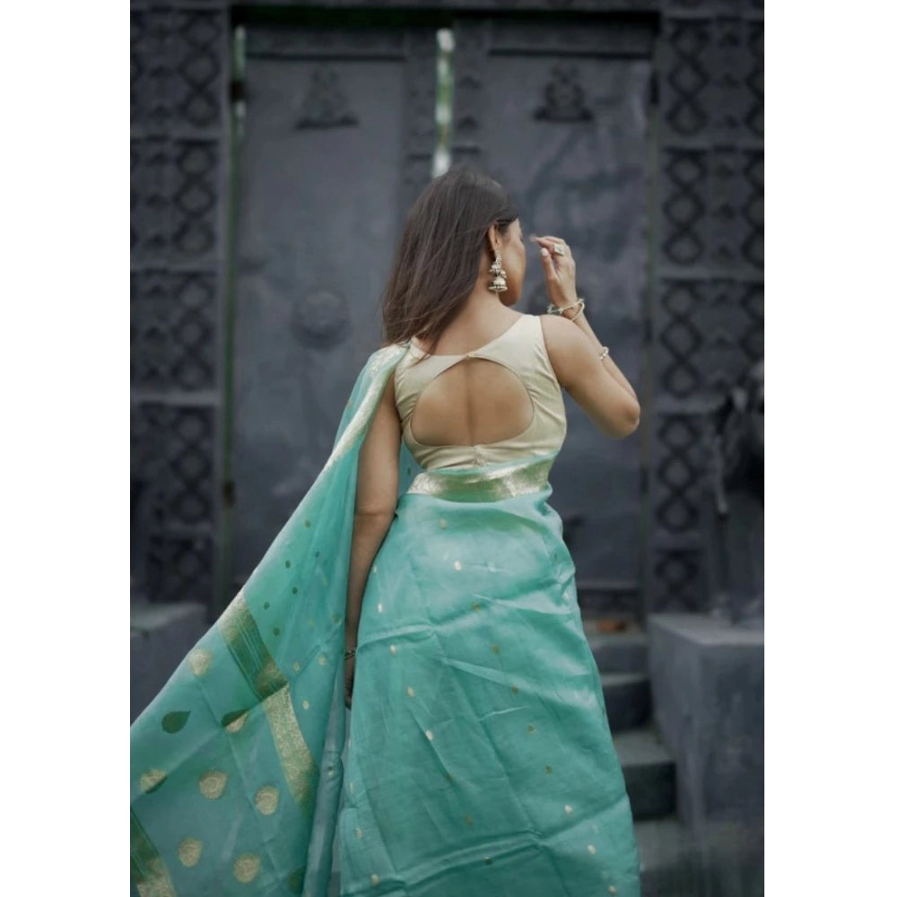 Women's Cotton Printed Saree With Unstitched Blouse 5.5Mtr (Sky)