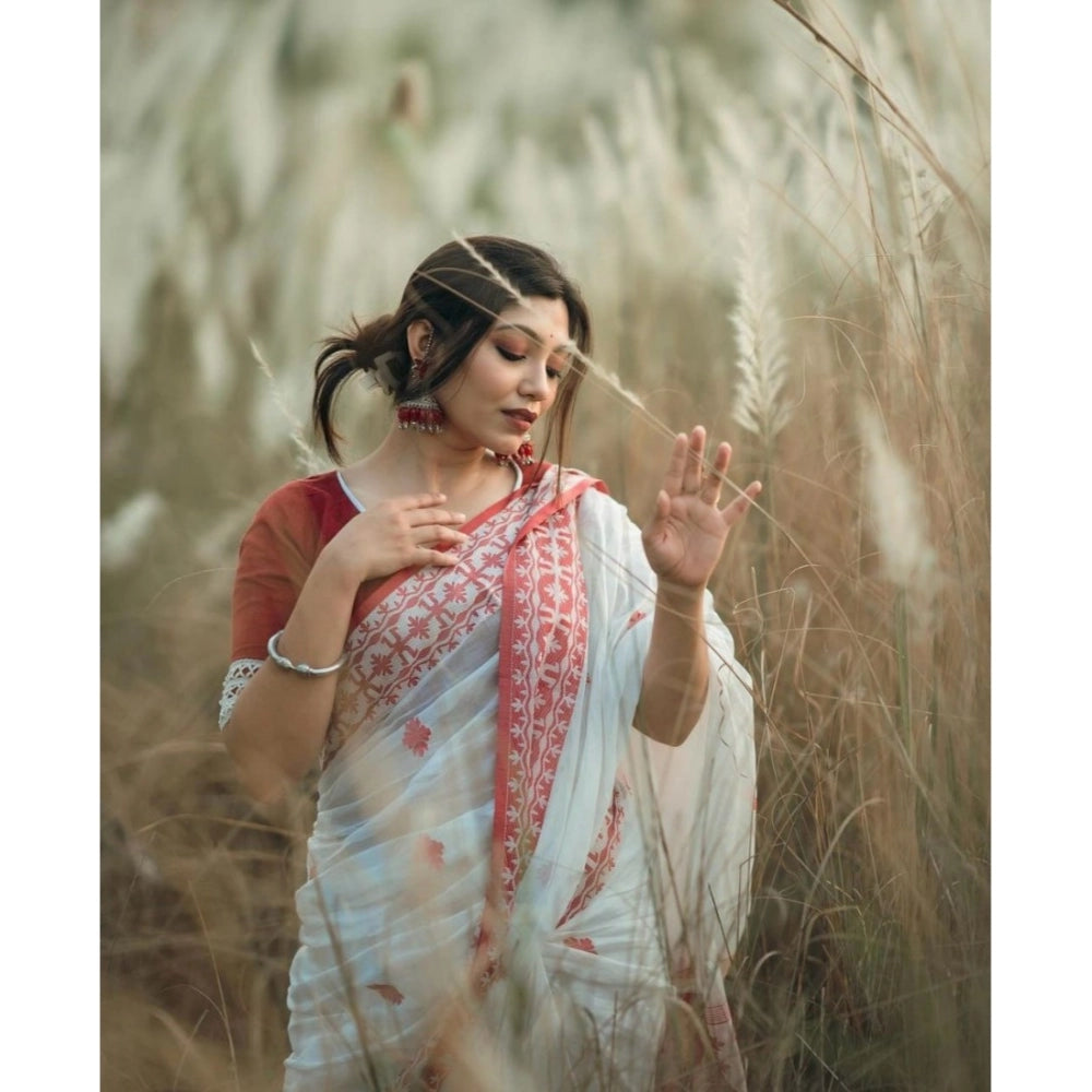 Women's Cotton Printed Saree With Unstitched Blouse 5.5Mtr (White-Red)