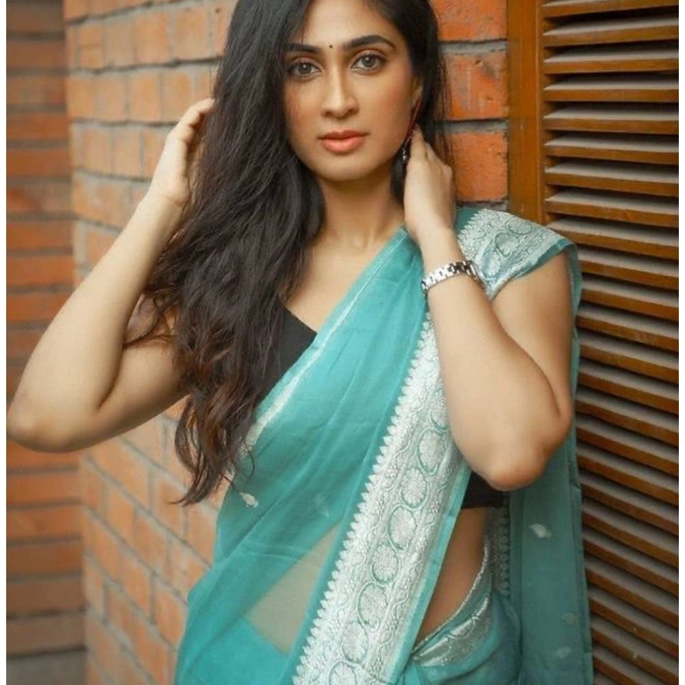 Women's Cotton Printed Saree With Unstitched Blouse 5.5Mtr (Sky Blue)