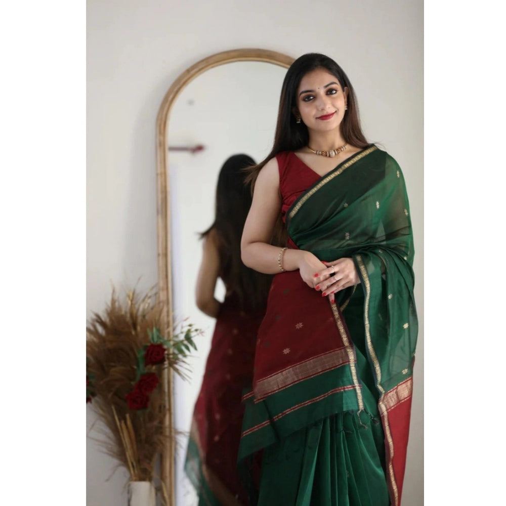 Women's Cotton Printed Saree With Unstitched Blouse 5.5Mtr (Dark Green)