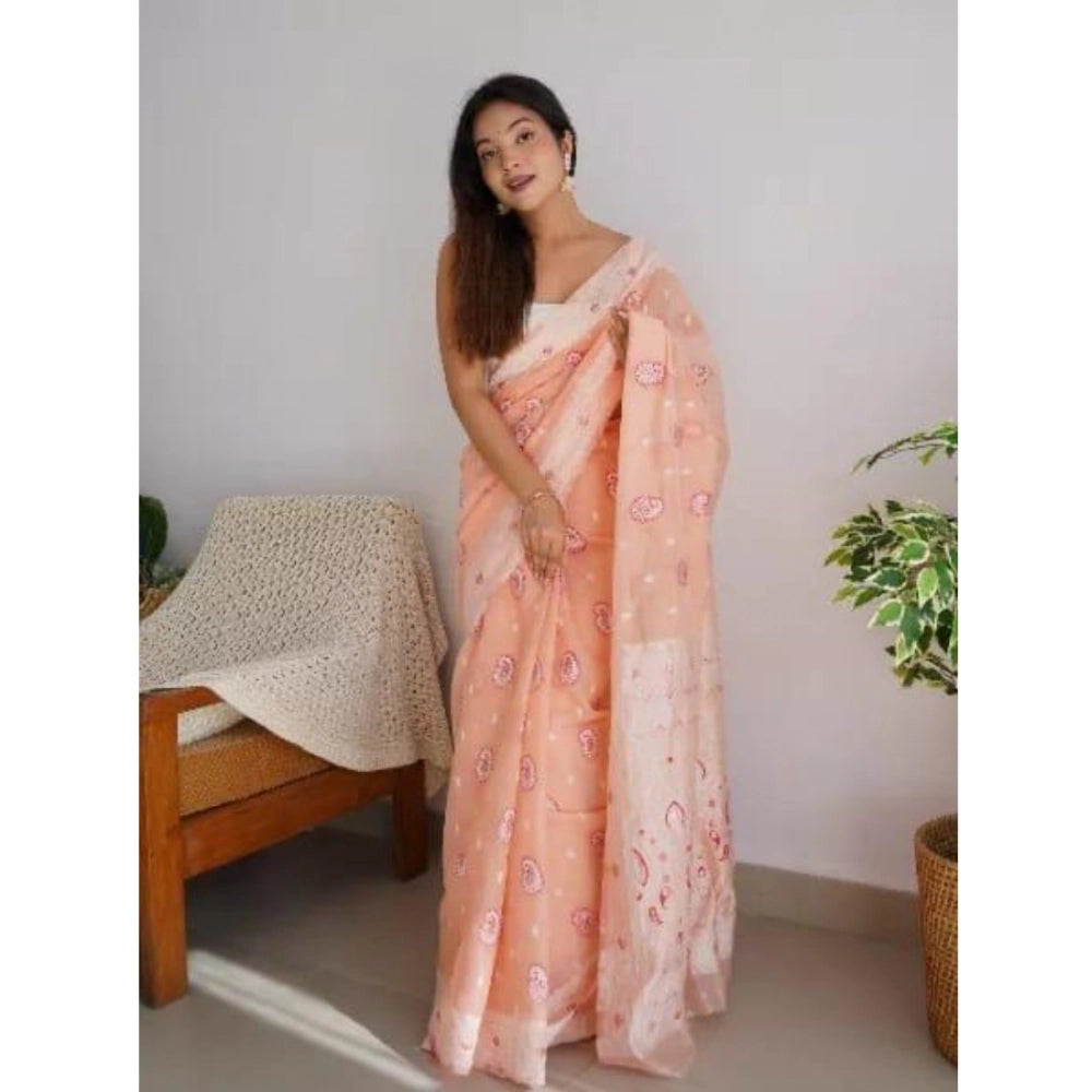 Women's Cotton Printed Saree With Unstitched Blouse 5.5Mtr (Peach)
