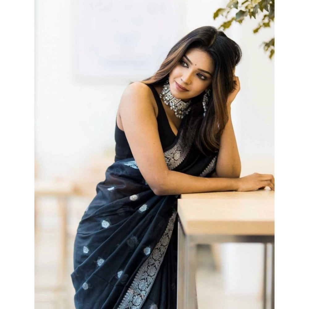 Women's Cotton Printed Saree With Unstitched Blouse 5.5Mtr (Black)