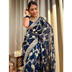 Women's Silk Printed Saree With Unstitched Blouse 5.5Mtr (Dark Blue)