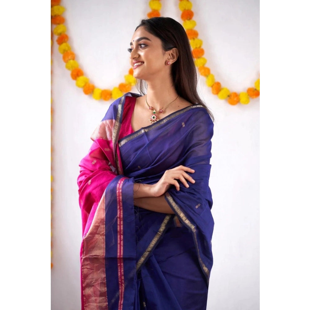 Women's Cotton Printed Saree With Unstitched Blouse 5.5Mtr (Blue)