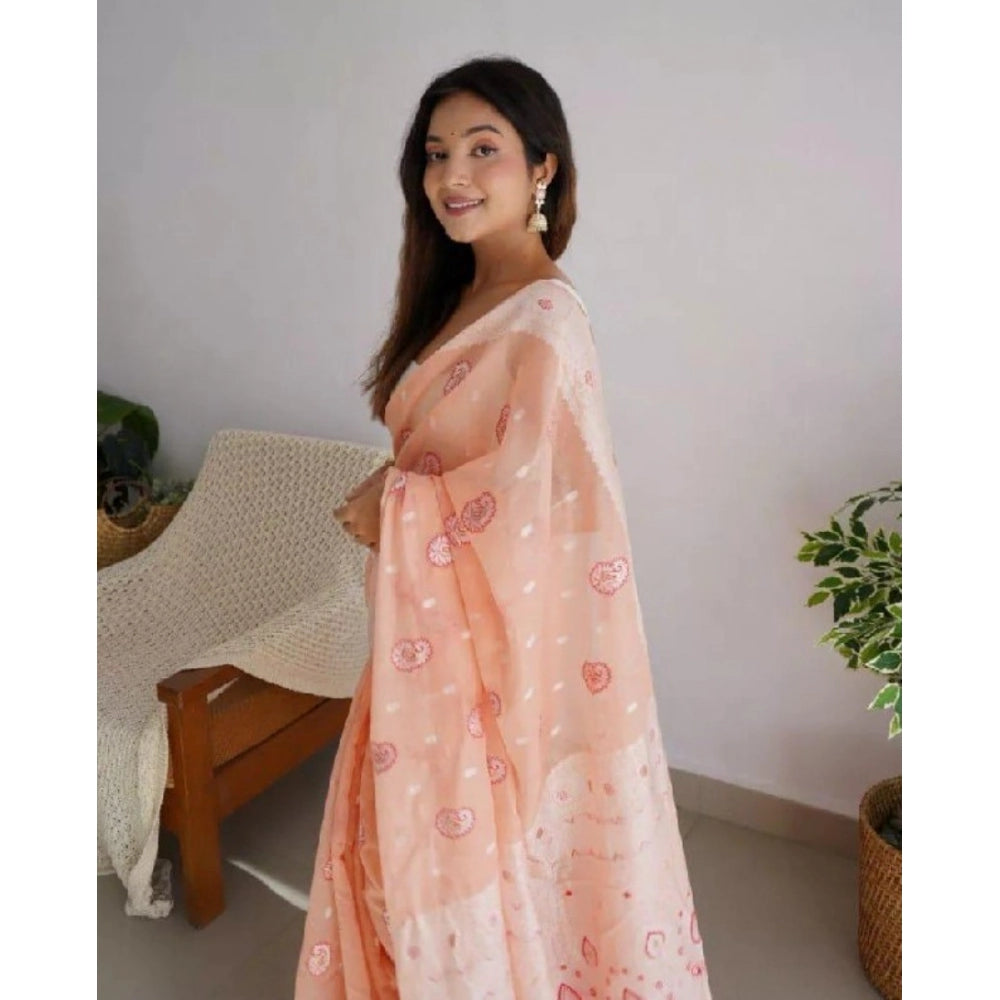 Women's Cotton Printed Saree With Unstitched Blouse 5.5Mtr (Peach)