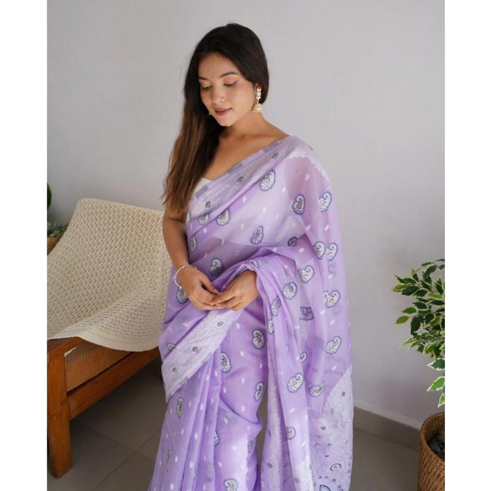Women's Cotton Printed Saree With Unstitched Blouse 5.5Mtr (Lavender)