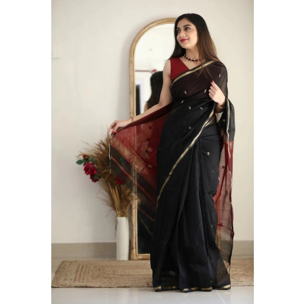 Women's Cotton Printed Saree With Unstitched Blouse 5.5Mtr (Black)