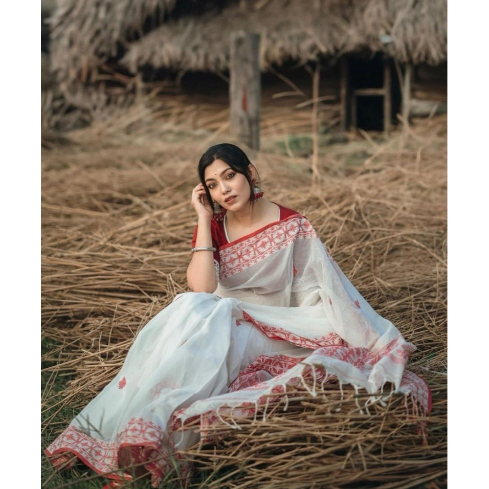 Women's Cotton Printed Saree With Unstitched Blouse 5.5Mtr (White-Red)