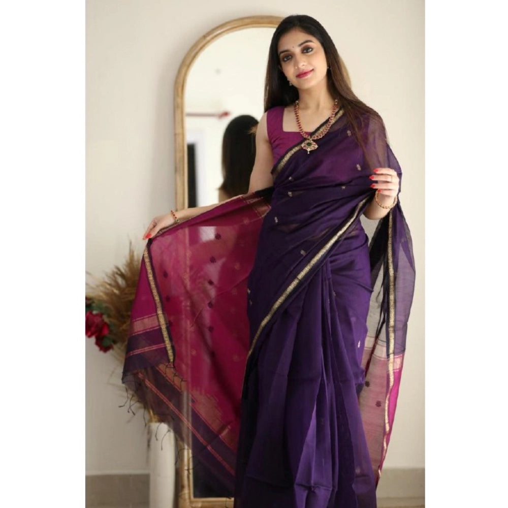 Women's Cotton Printed Saree With Unstitched Blouse 5.5Mtr (Navy Blue)